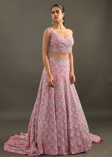 Fuchsia Pink Embellished Lehenga with One-Shoulder Blouse and Dupatta