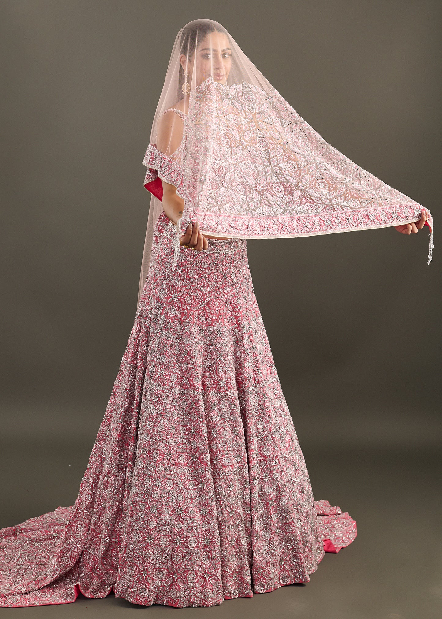 Fuchsia Pink Embellished Lehenga with One-Shoulder Blouse and Dupatta