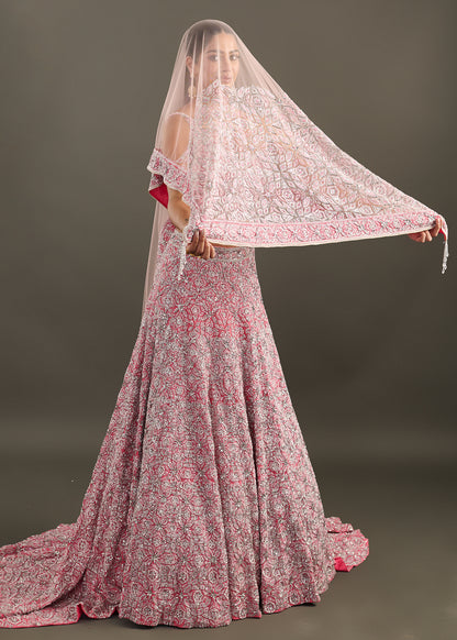 Fuchsia Pink Embellished Lehenga with One-Shoulder Blouse and Dupatta