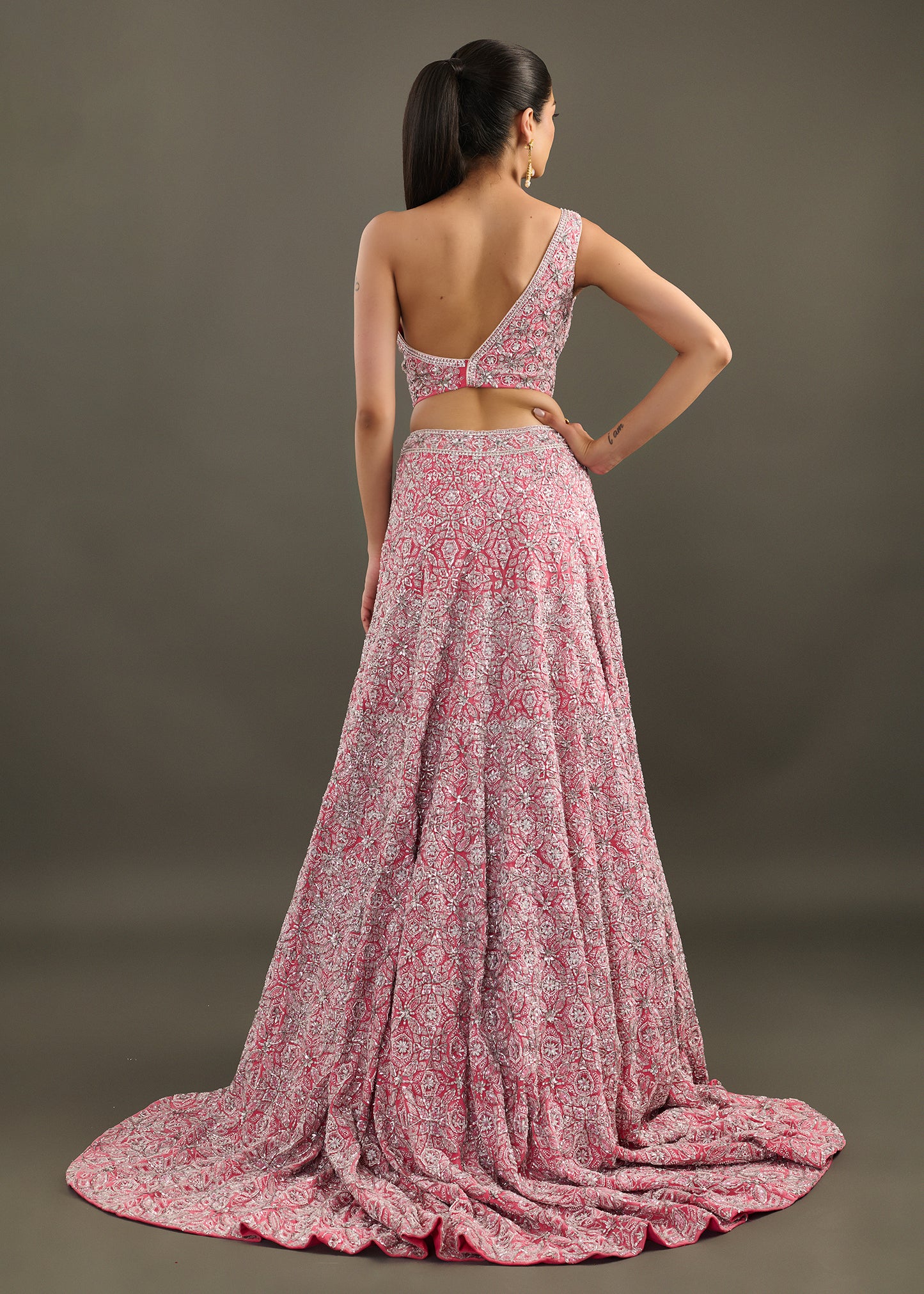 Fuchsia Pink Embellished Lehenga with One-Shoulder Blouse and Dupatta