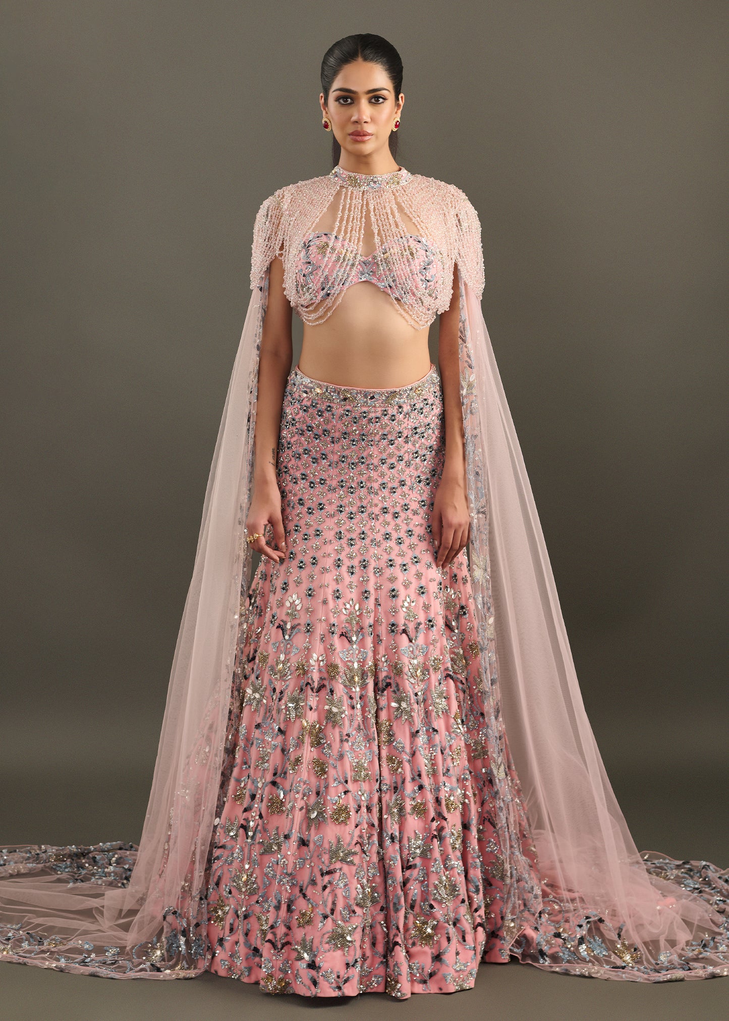 Light Mauve Embellished Lehenga Set with Beaded Floor-Length Cape
