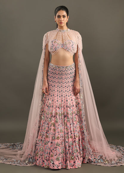 Light Mauve Embellished Lehenga Set with Beaded Floor-Length Cape