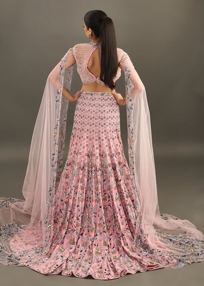 Light Mauve Embellished Lehenga Set with Beaded Floor-Length Cape