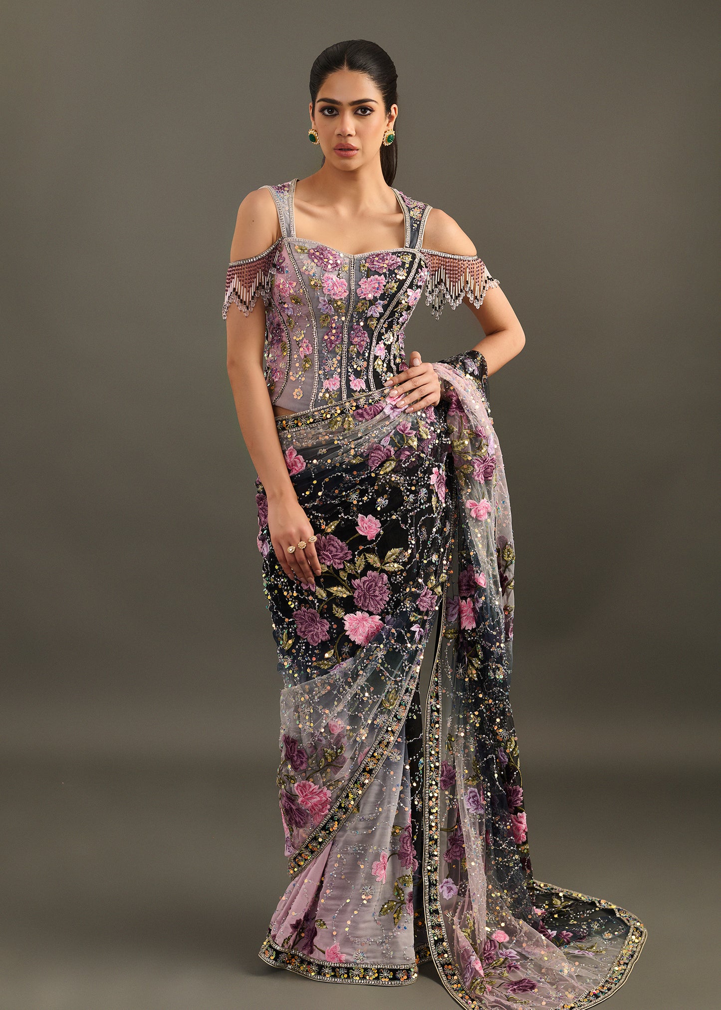 Black and Grey Ombre Saree with Embellished Corset Blouse and Beaded Fringe
