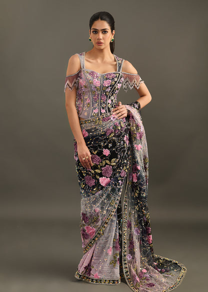 Black and Grey Ombre Saree with Embellished Corset Blouse and Beaded Fringe