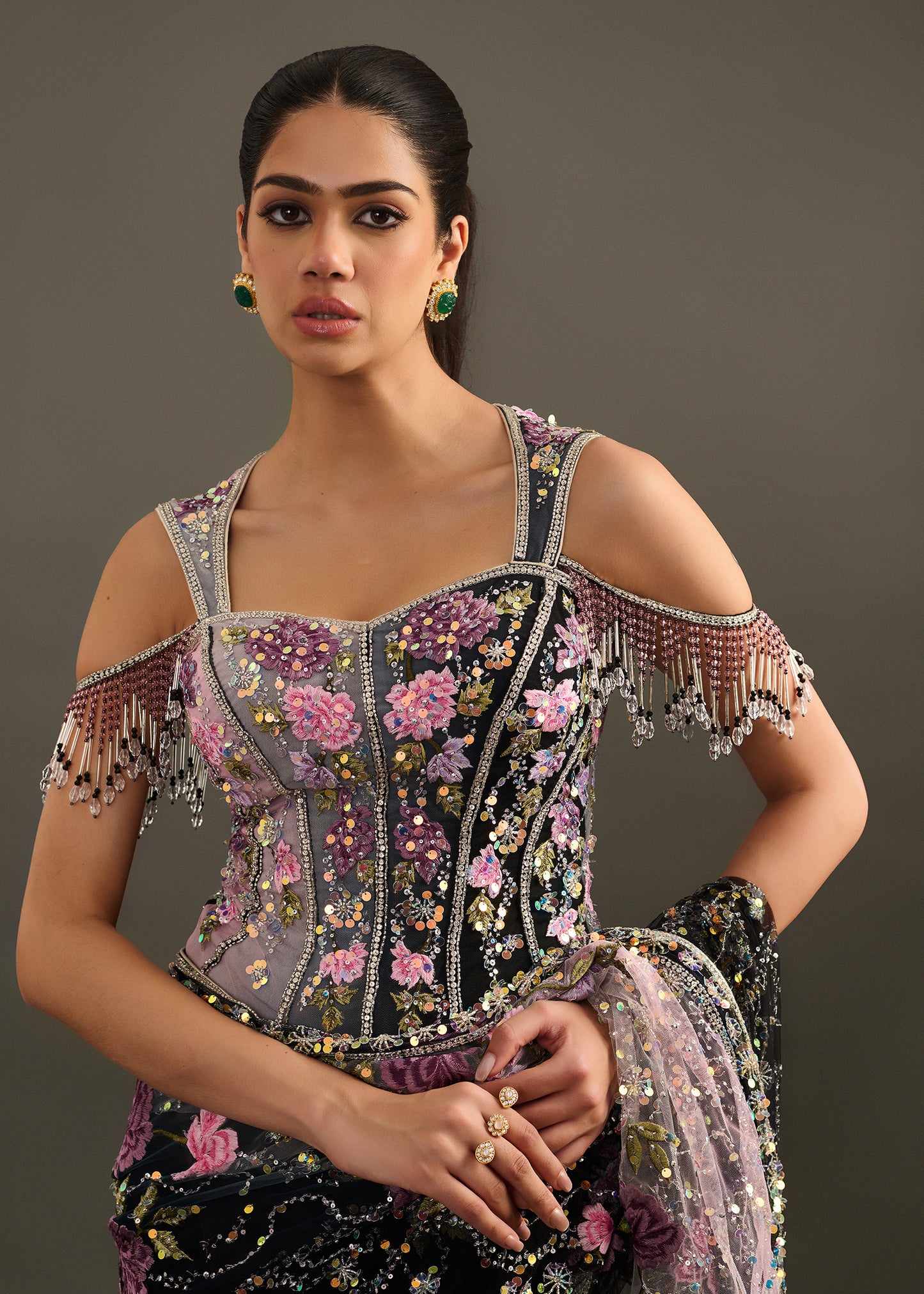 Black and Grey Ombre Saree with Embellished Corset Blouse and Beaded Fringe