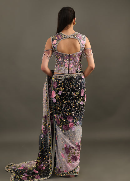 Black and Grey Ombre Saree with Embellished Corset Blouse and Beaded Fringe