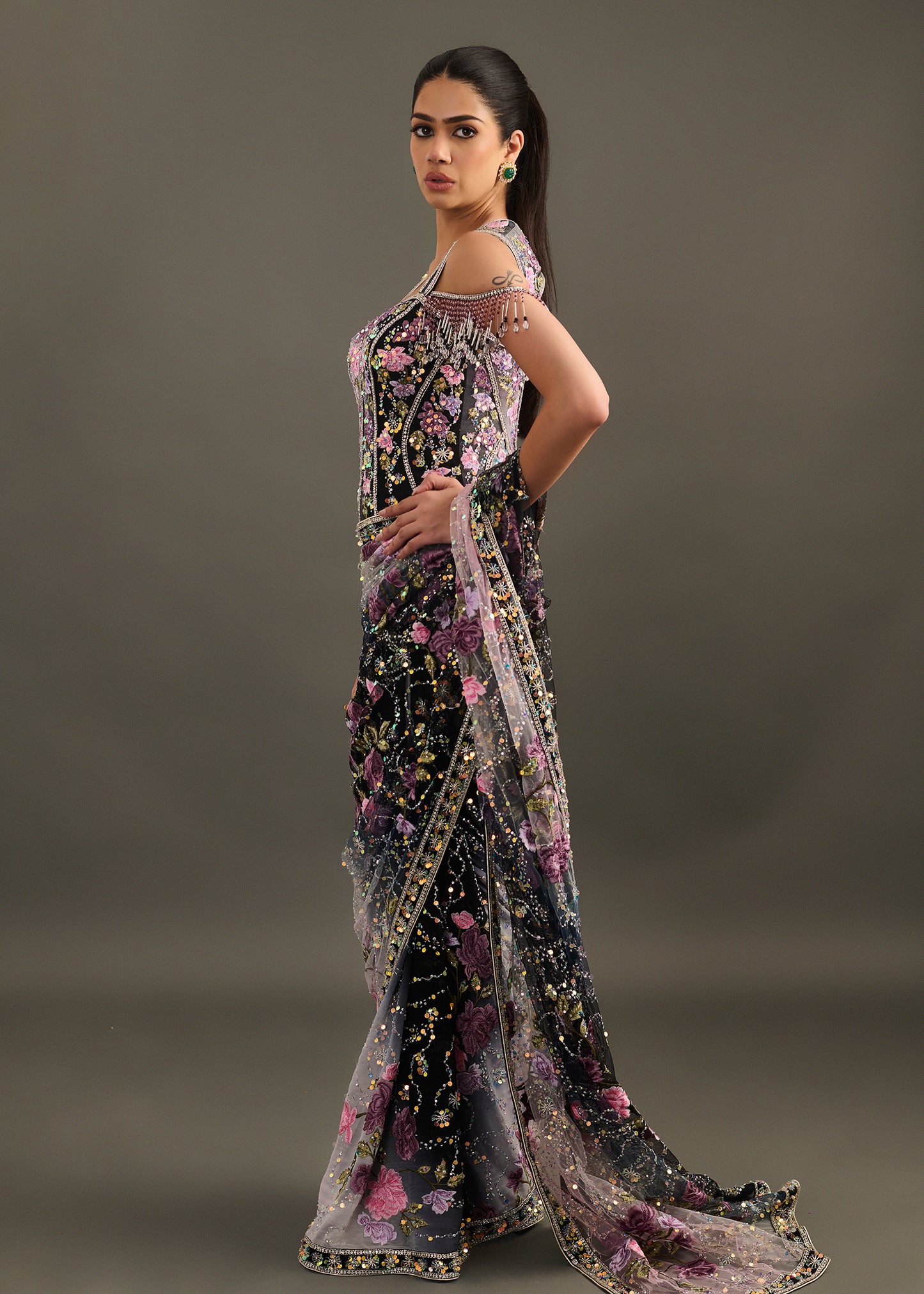 Black and Grey Ombre Saree with Embellished Corset Blouse and Beaded Fringe