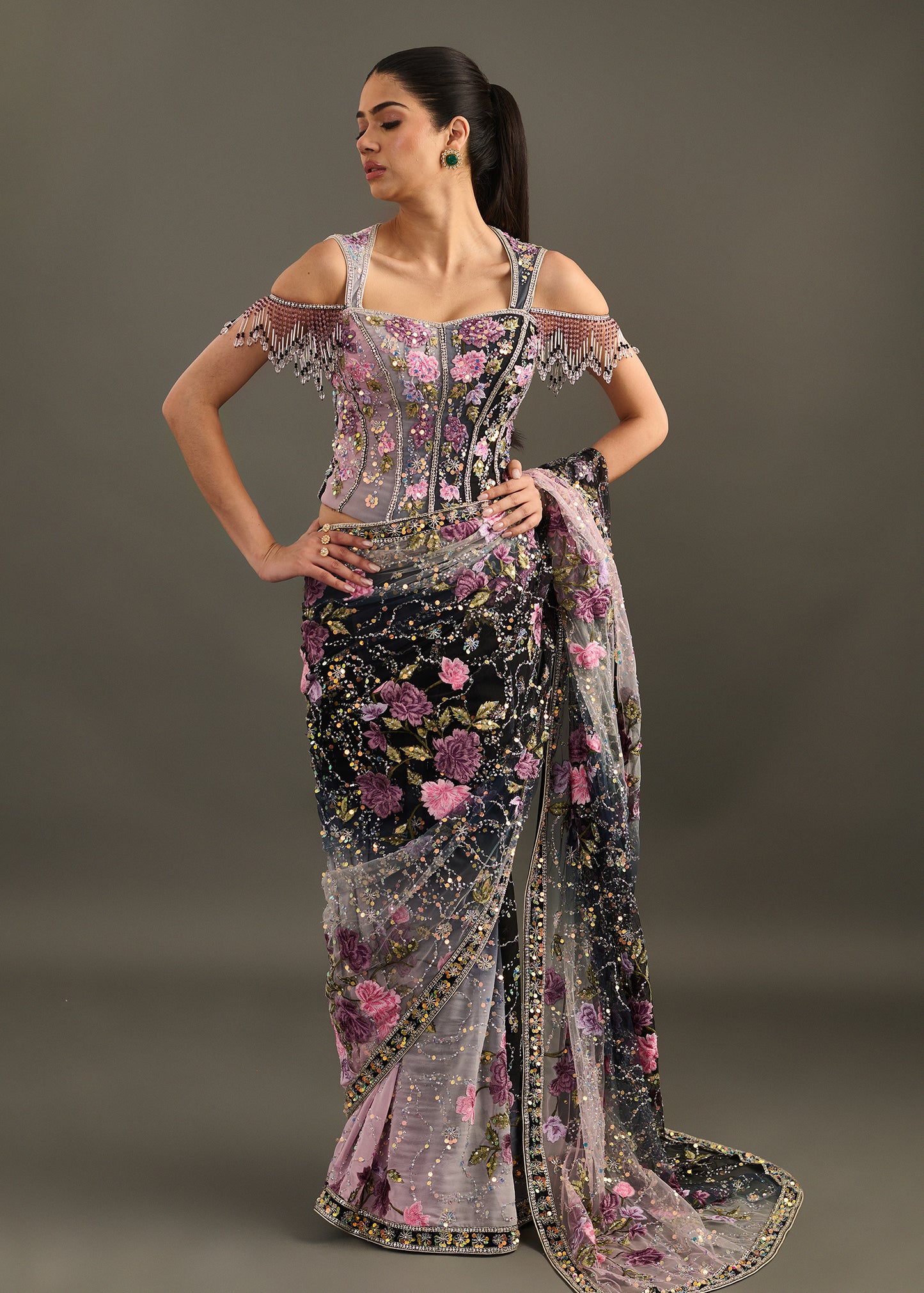 Black and Grey Ombre Saree with Embellished Corset Blouse and Beaded Fringe