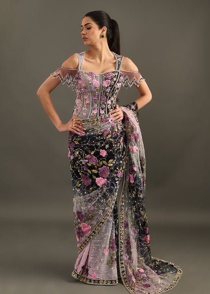 Black and Grey Ombre Saree with Embellished Corset Blouse and Beaded Fringe