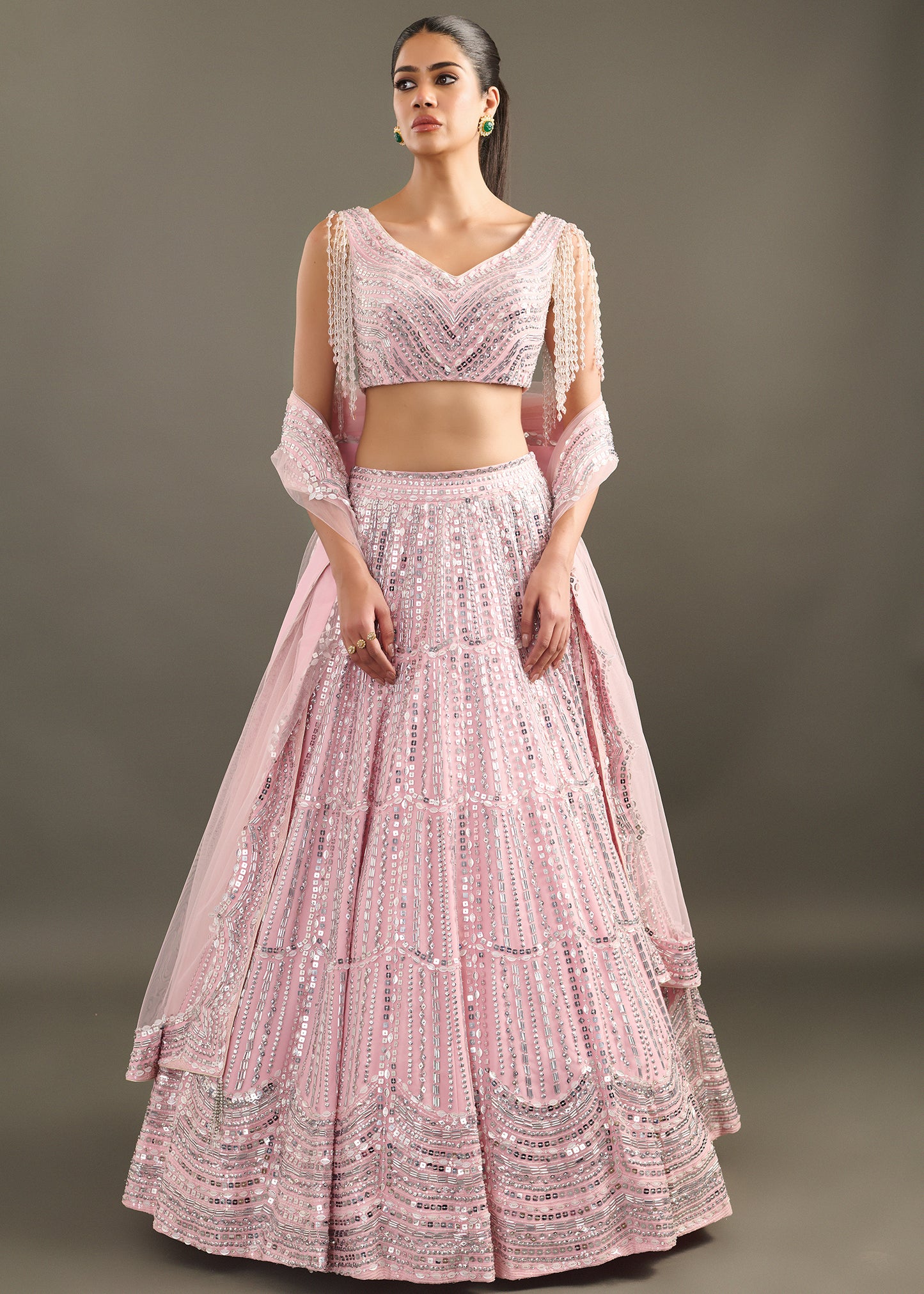 Baby Pink Embellished Lehenga with V-Neck Blouse and Pearl Fringe