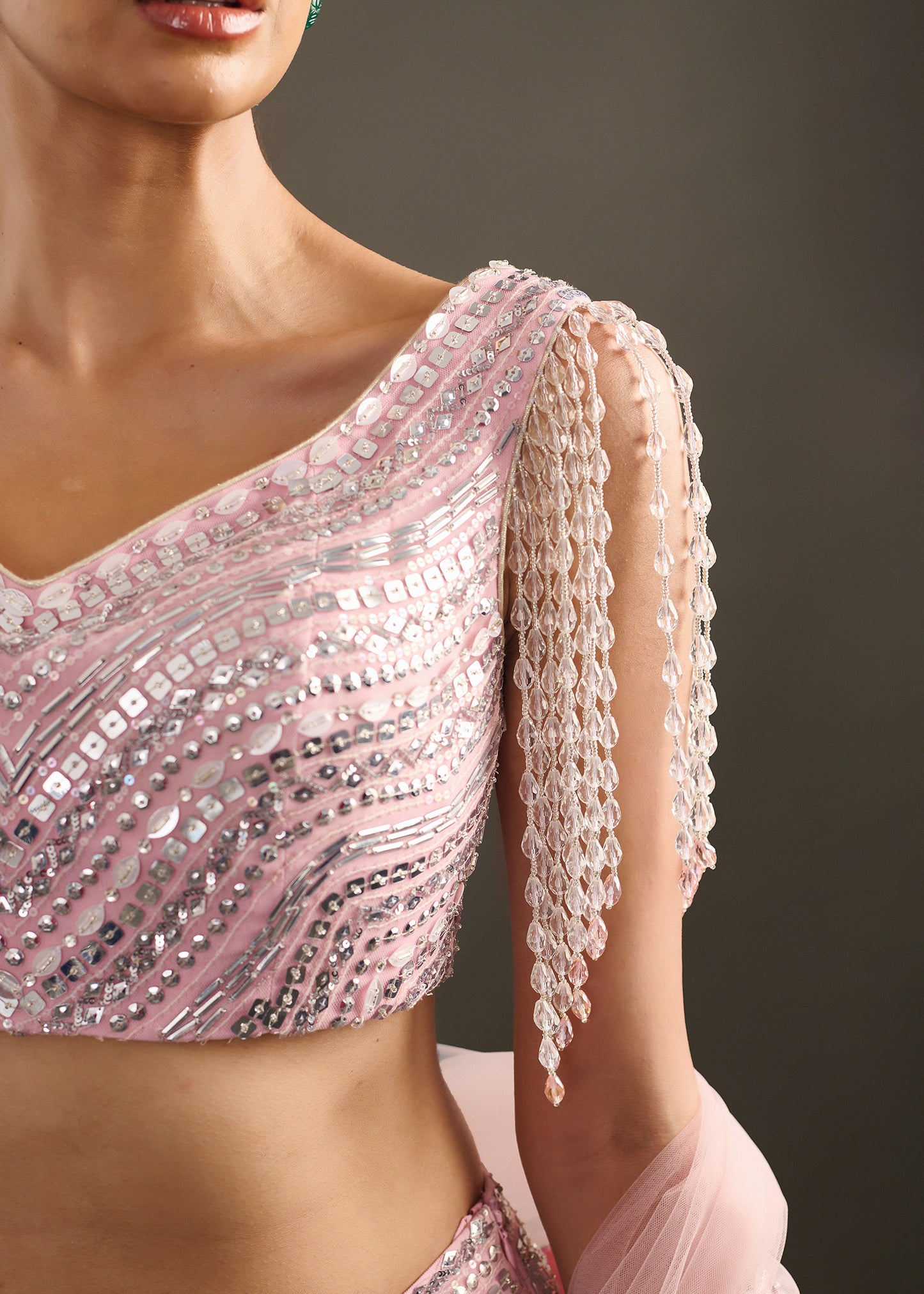 Baby Pink Embellished Lehenga with V-Neck Blouse and Pearl Fringe
