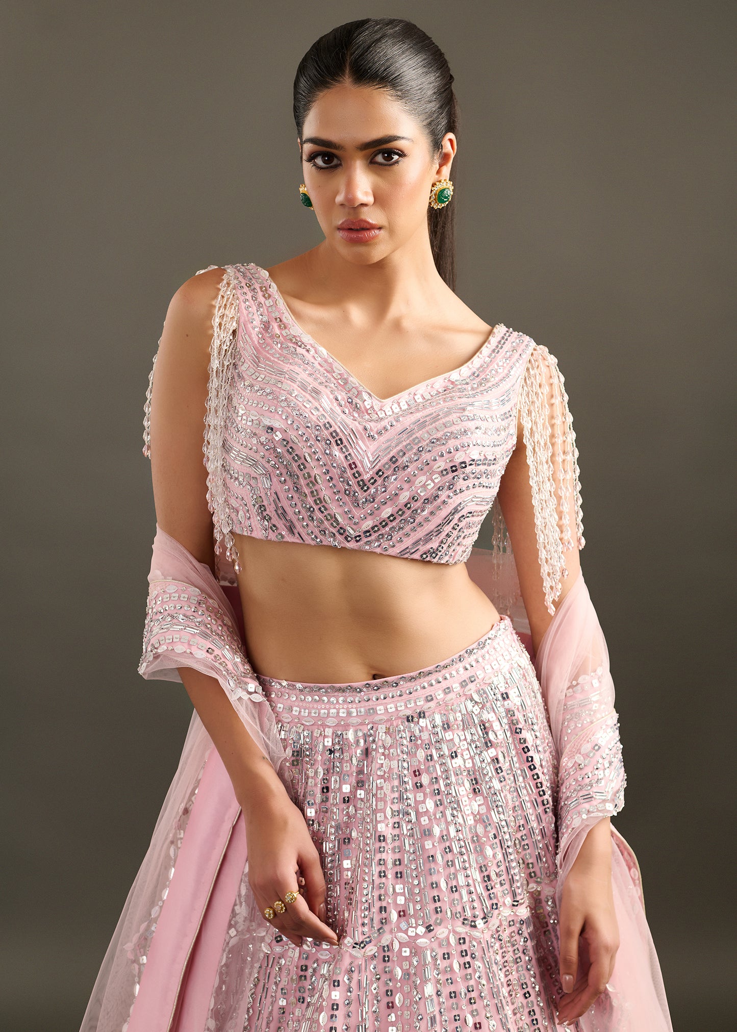 Baby Pink Embellished Lehenga with V-Neck Blouse and Pearl Fringe