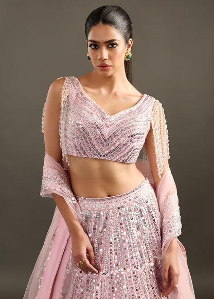 Baby Pink Embellished Lehenga with V-Neck Blouse and Pearl Fringe