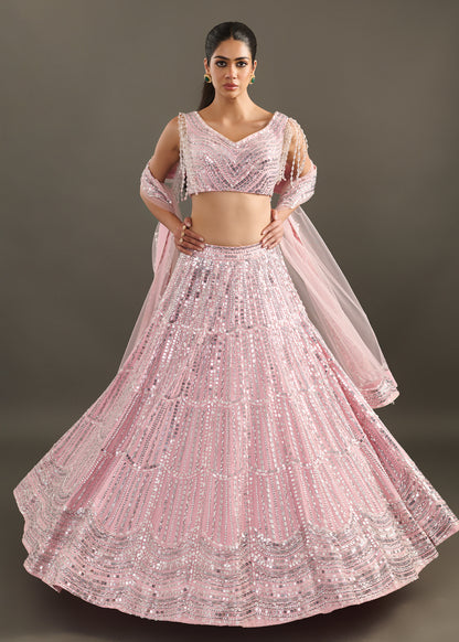 Baby Pink Embellished Lehenga with V-Neck Blouse and Pearl Fringe