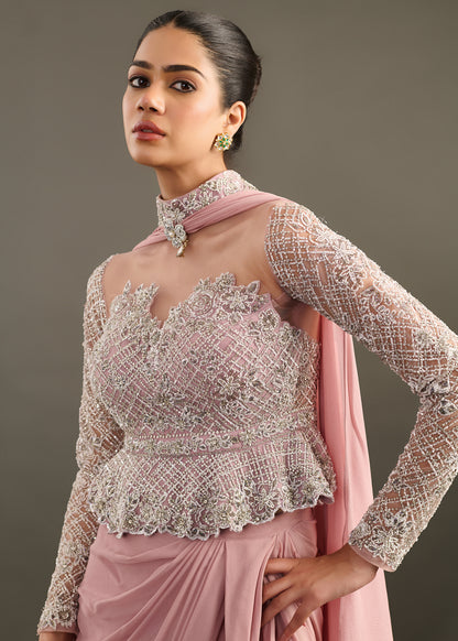 Fusion Mauve Ensemble with Peplum Bodice and Flowing Pallu