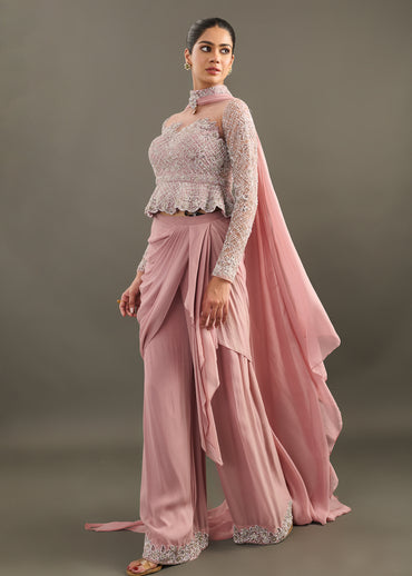 Fusion Mauve Ensemble with Peplum Bodice and Flowing Pallu