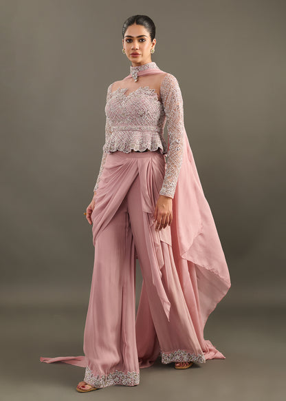 Fusion Mauve Ensemble with Peplum Bodice and Flowing Pallu
