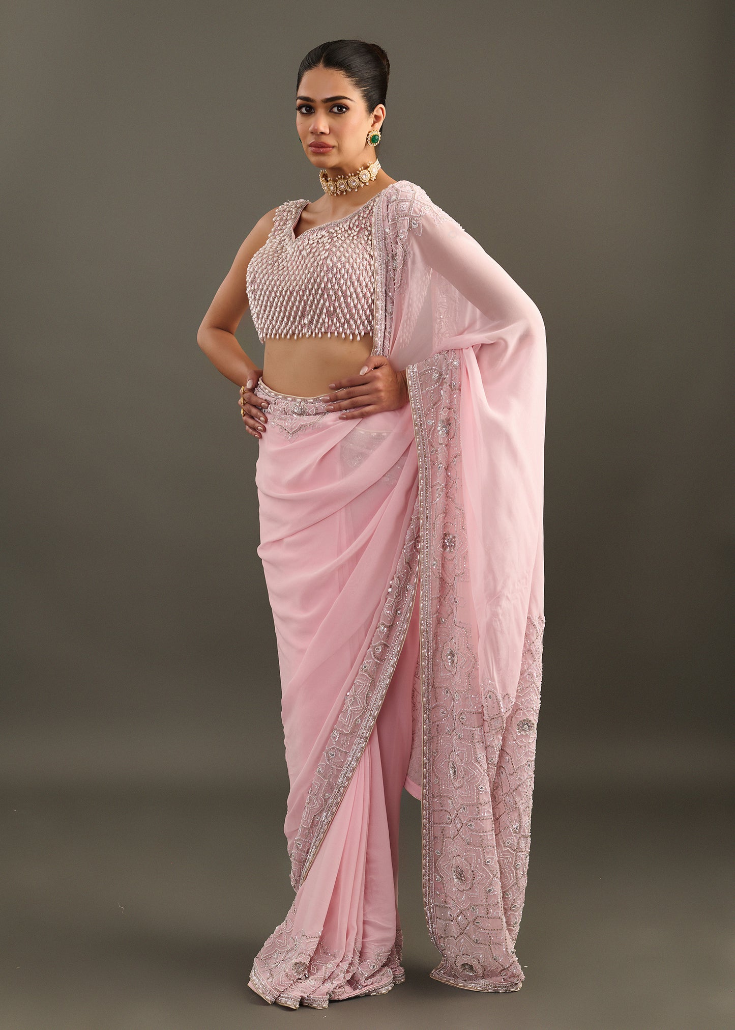 Powder Pink Embellished Saree with Sleeveless Beaded Blouse