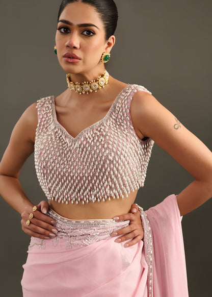 Powder Pink Embellished Saree with Sleeveless Beaded Blouse