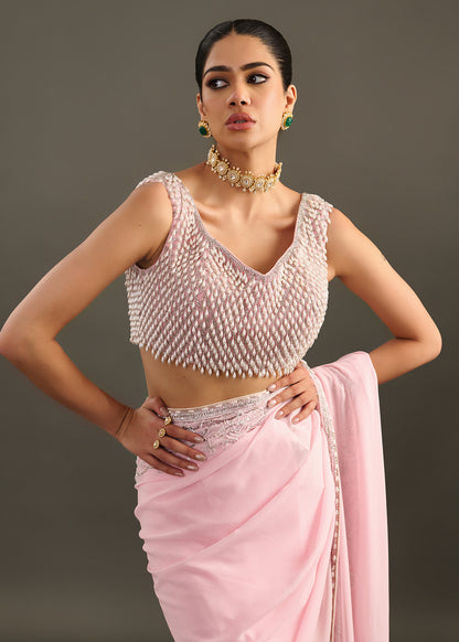 Powder Pink Embellished Saree with Sleeveless Beaded Blouse