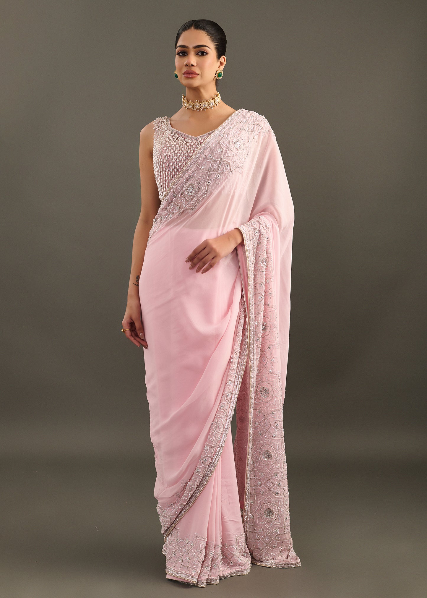 Powder Pink Embellished Saree with Sleeveless Beaded Blouse