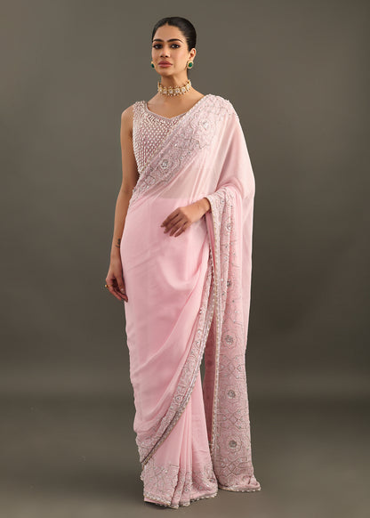 Powder Pink Embellished Saree with Sleeveless Beaded Blouse