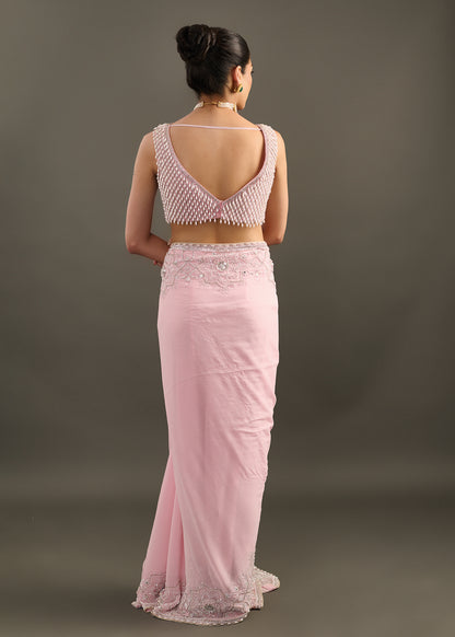 Powder Pink Embellished Saree with Sleeveless Beaded Blouse