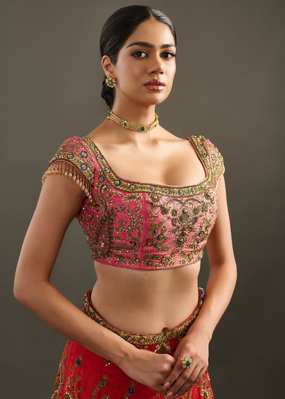 Red and Rose Pink Embroidered Lehenga and Blouse with Sheer Dupatta