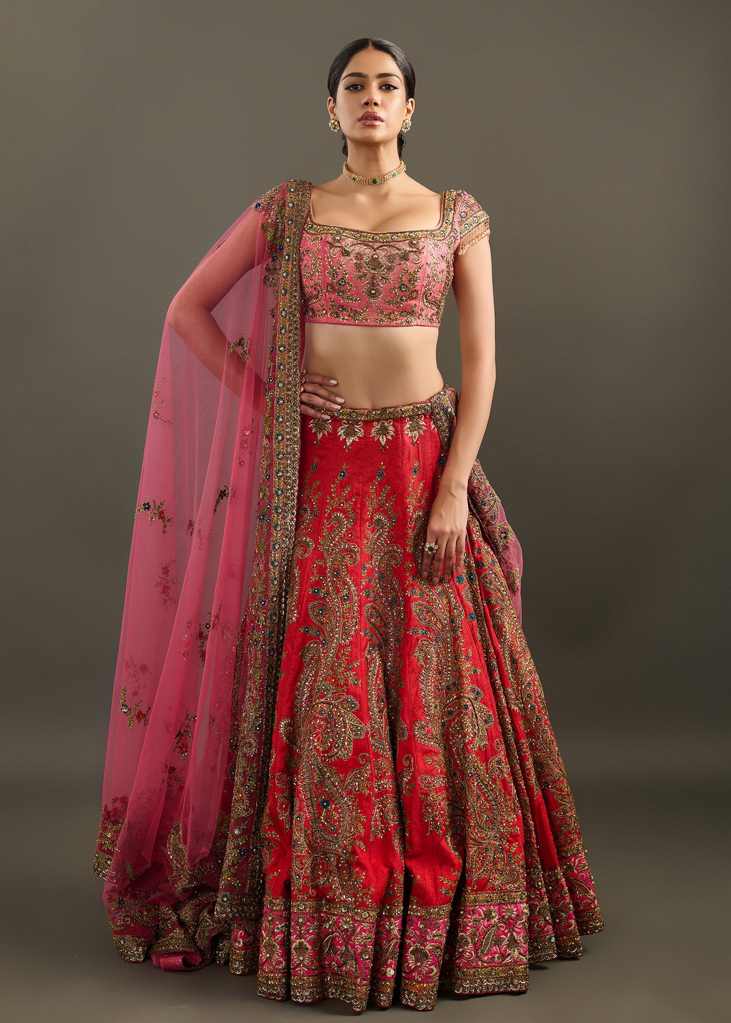 Red and Rose Pink Embroidered Lehenga and Blouse with Sheer Dupatta
