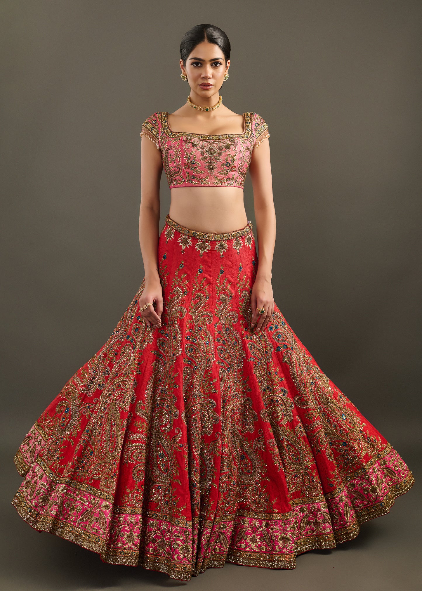 Red and Rose Pink Embroidered Lehenga and Blouse with Sheer Dupatta