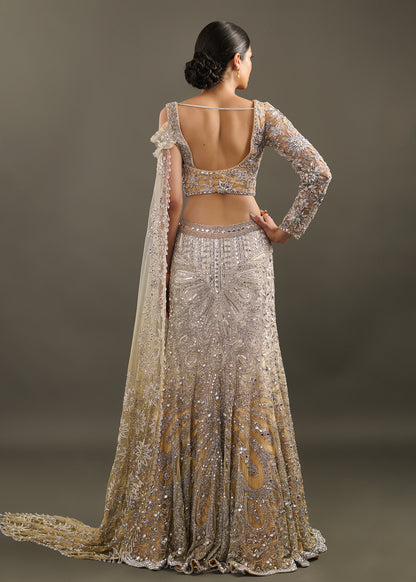 Gold-Toned Sequin and Beaded Lehenga with Asymmetrical Cape Blouse