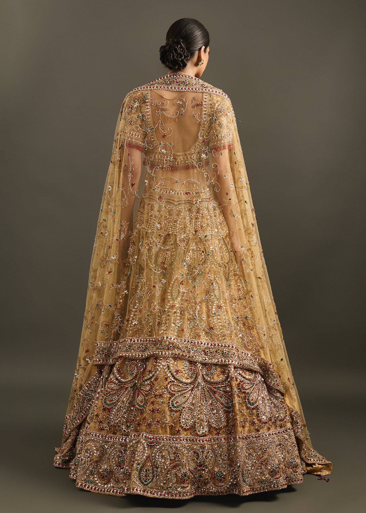Embellished Gold-Toned Lehenga with Fitted Blouse and Dupatta