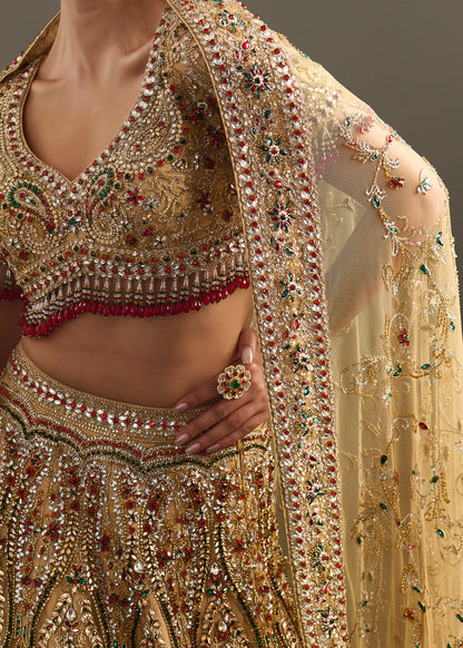 Embellished Gold-Toned Lehenga with Fitted Blouse and Dupatta