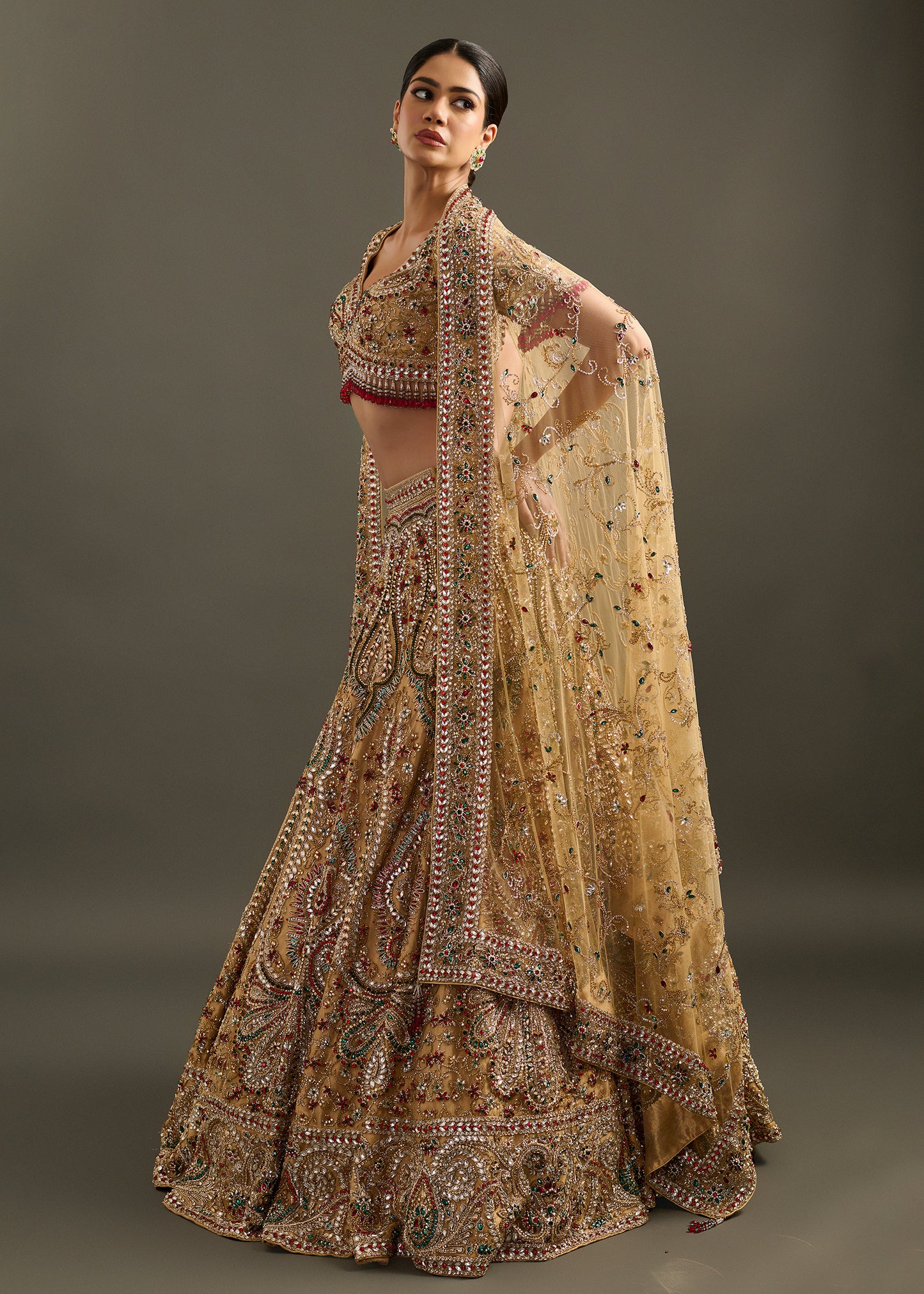 Embellished Gold-Toned Lehenga with Fitted Blouse and Dupatta