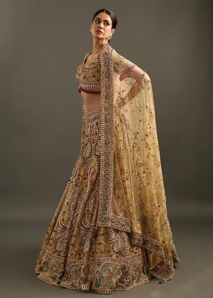 Embellished Gold-Toned Lehenga with Fitted Blouse and Dupatta