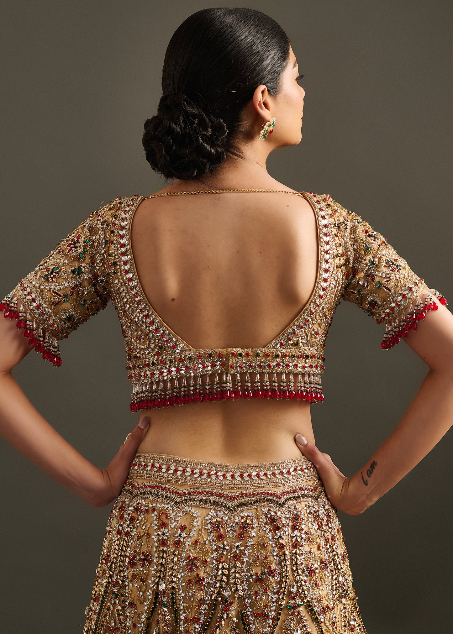 Embellished Gold-Toned Lehenga with Fitted Blouse and Dupatta