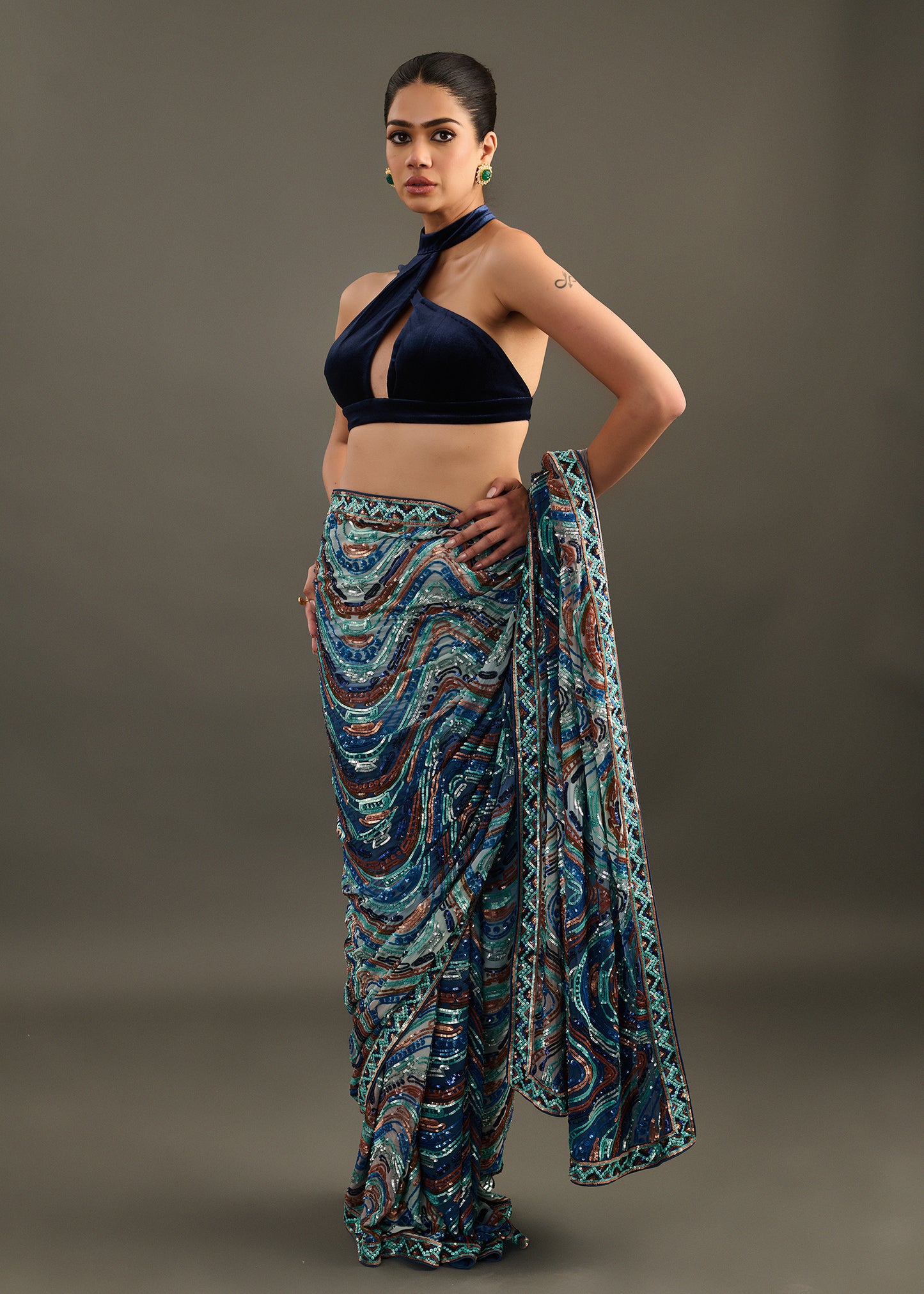 Abstract Blue Pre-Draped Saree with Sleek Halter Neck Bodice
