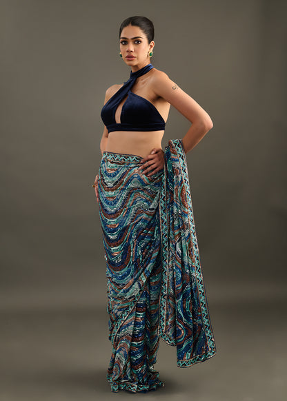 Abstract Blue Pre-Draped Saree with Sleek Halter Neck Bodice