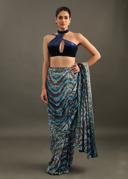 Abstract Blue Pre-Draped Saree with Sleek Halter Neck Bodice