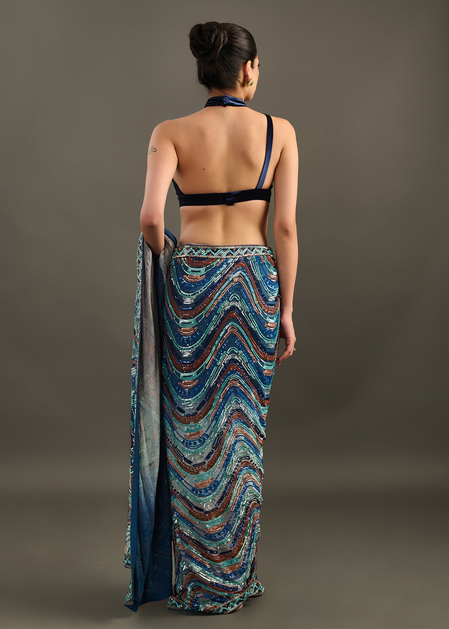 Abstract Blue Pre-Draped Saree with Sleek Halter Neck Bodice