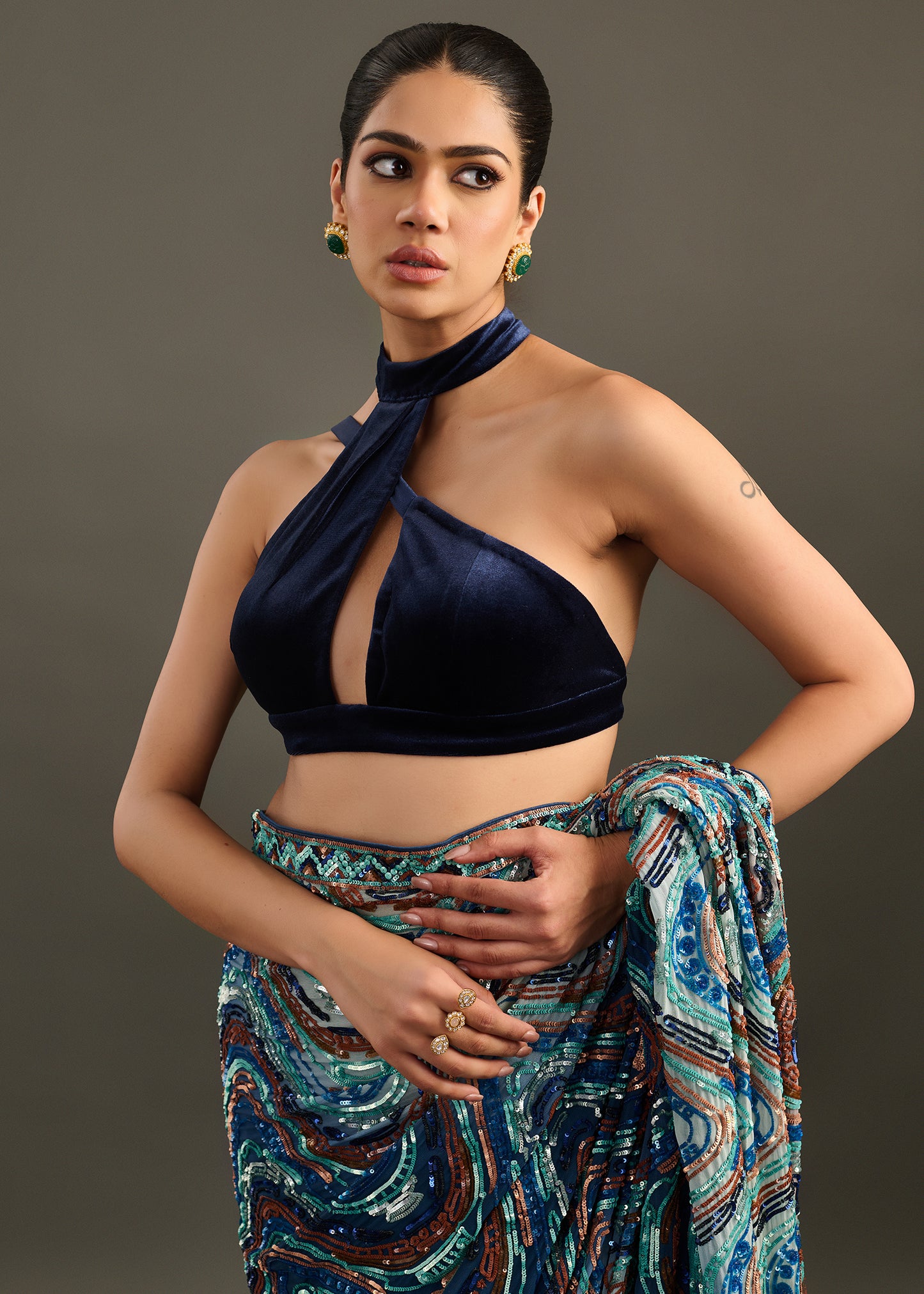 Abstract Blue Pre-Draped Saree with Sleek Halter Neck Bodice
