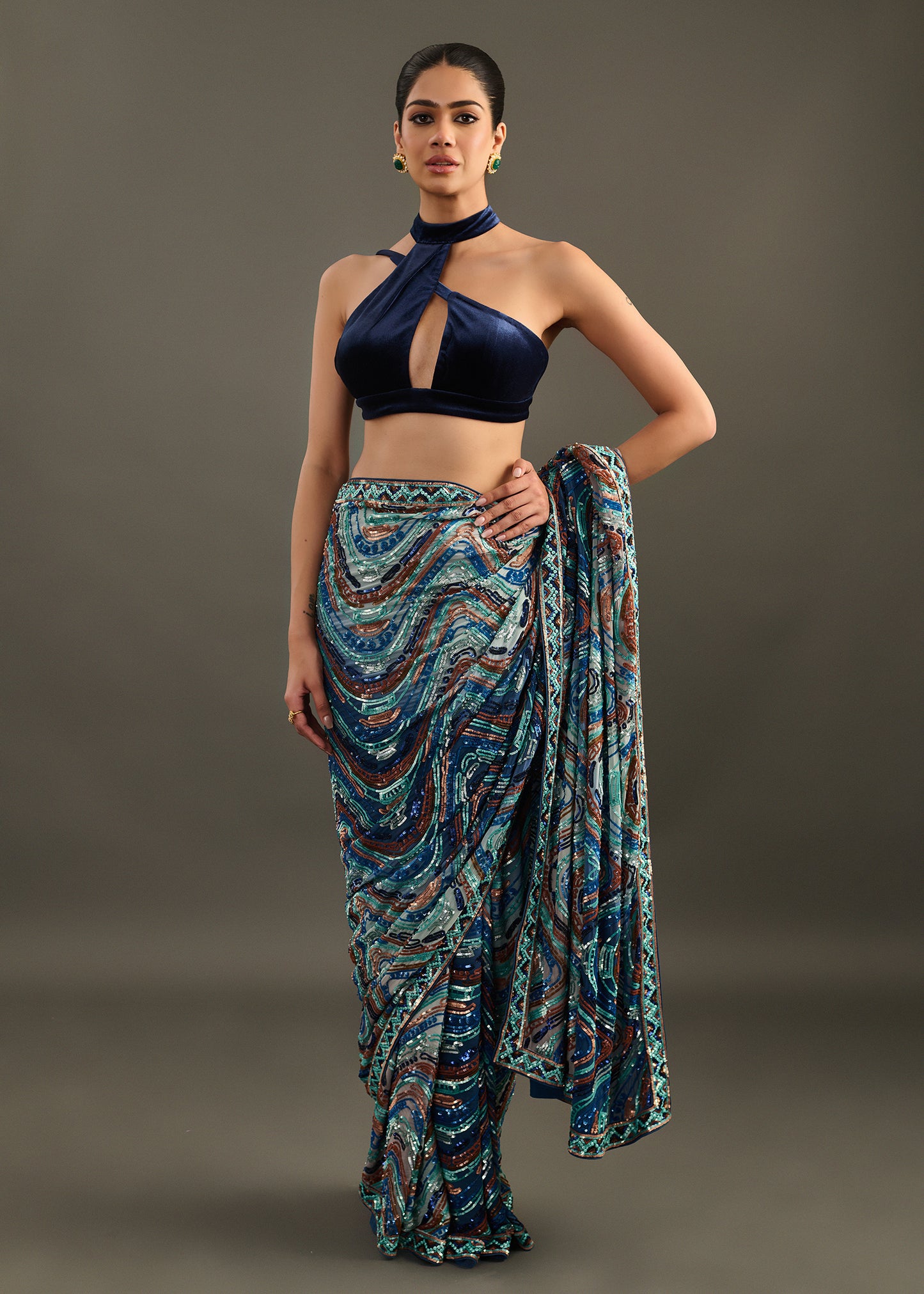 Abstract Blue Pre-Draped Saree with Sleek Halter Neck Bodice