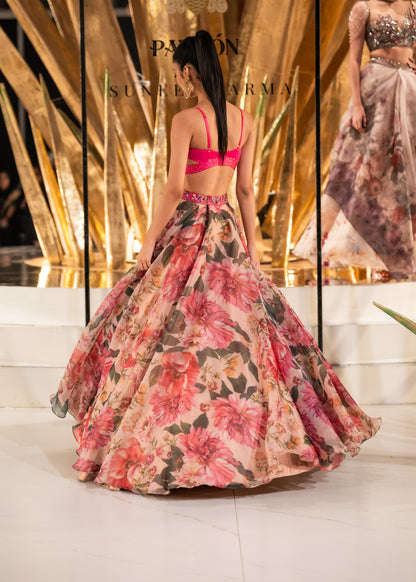 Pink Floral Printed Skirt With Crytal Studded Blouse