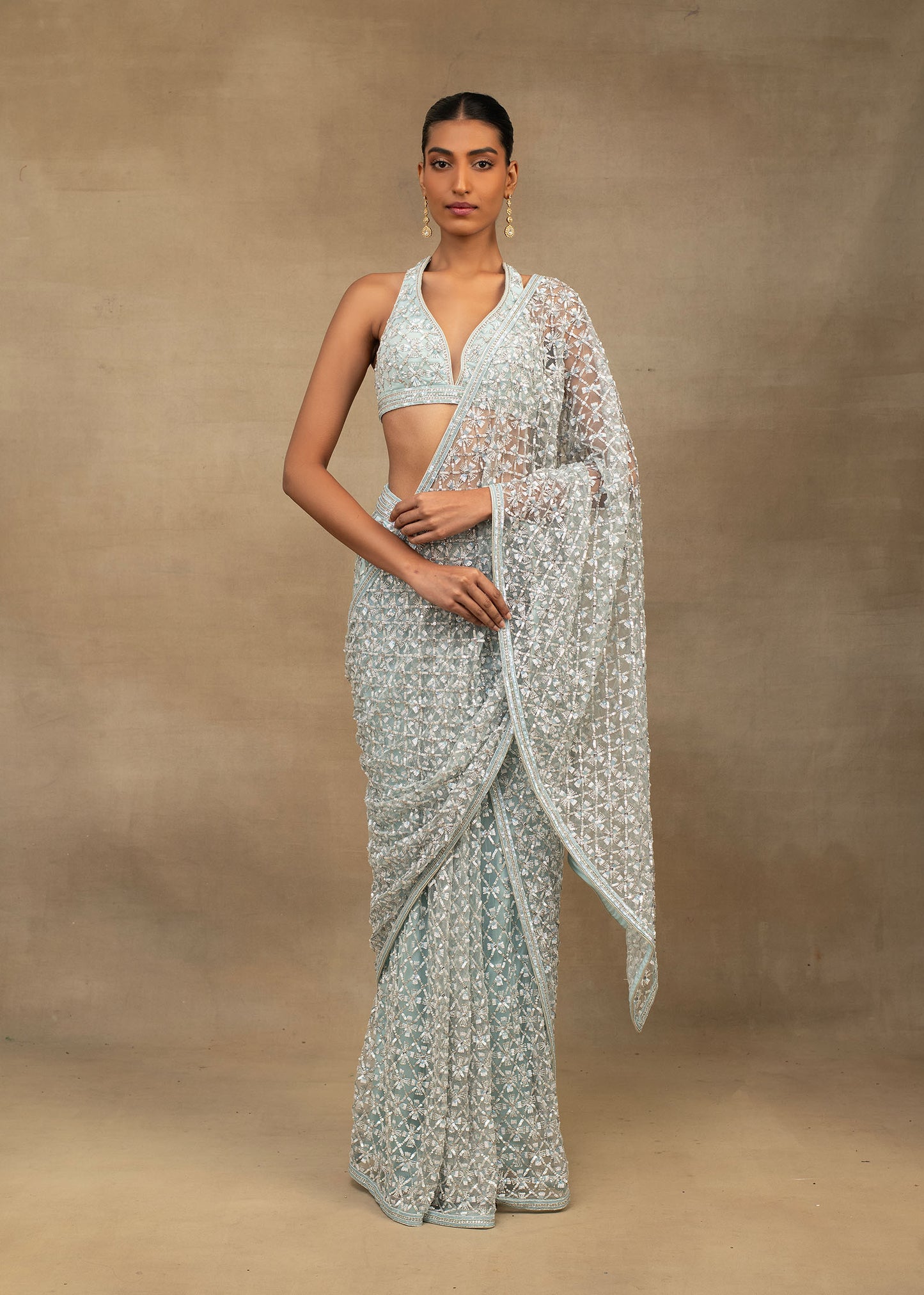Light Blue Embroidered Saree with Halter Neck Blouse