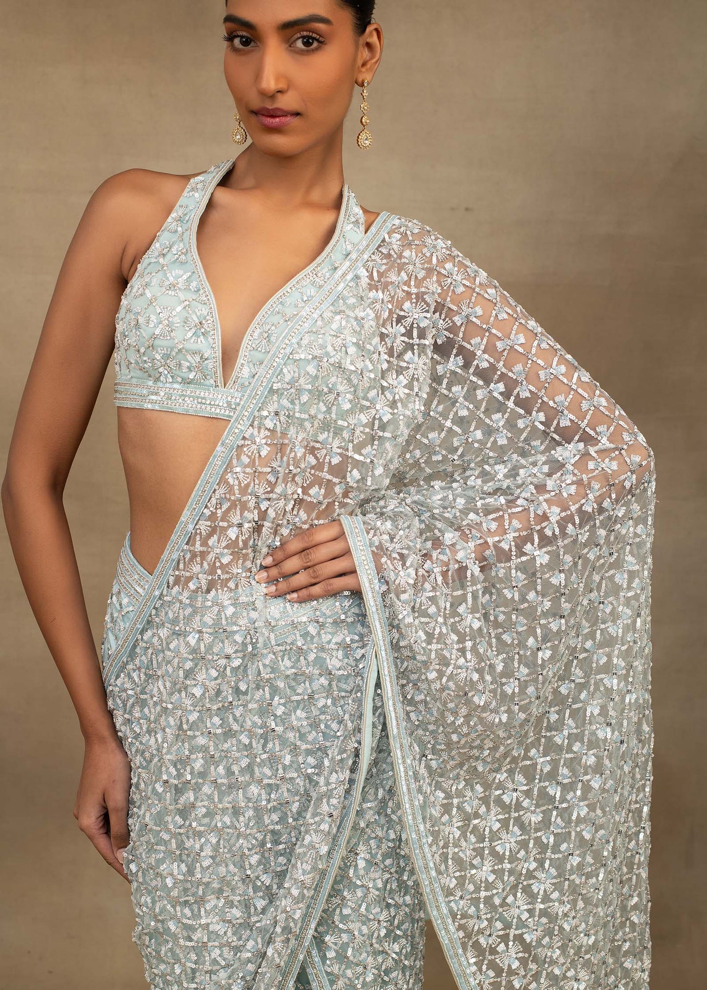 Light Blue Embroidered Saree with Halter Neck Blouse