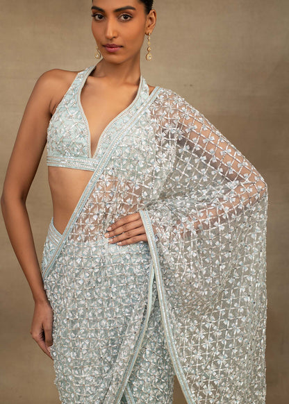 Light Blue Embroidered Saree with Halter Neck Blouse