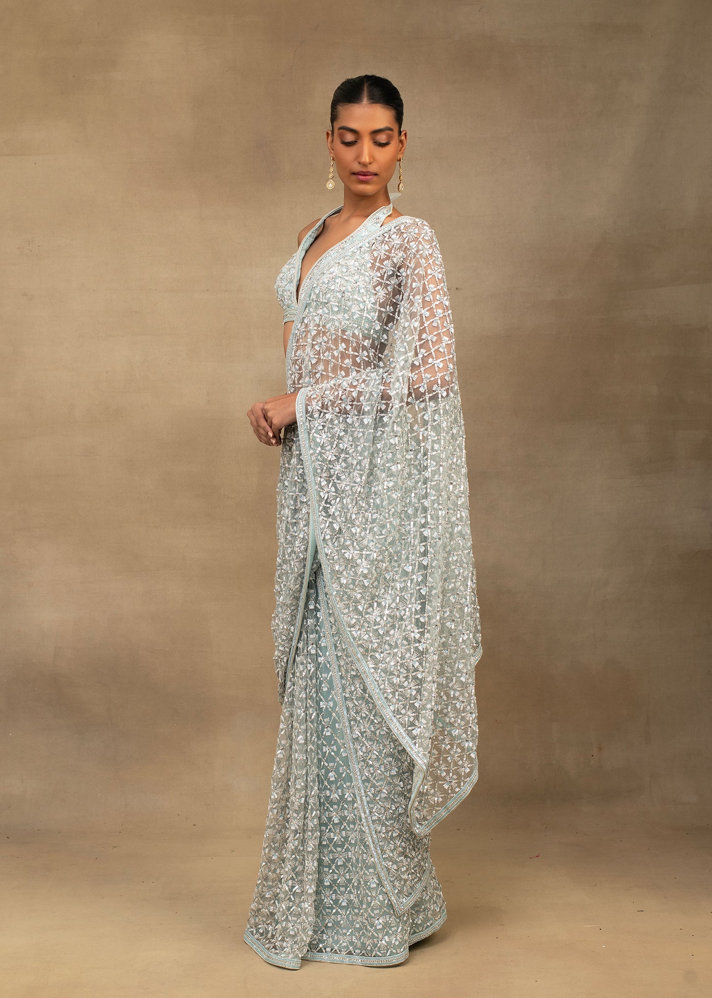 Light Blue Embroidered Saree with Halter Neck Blouse