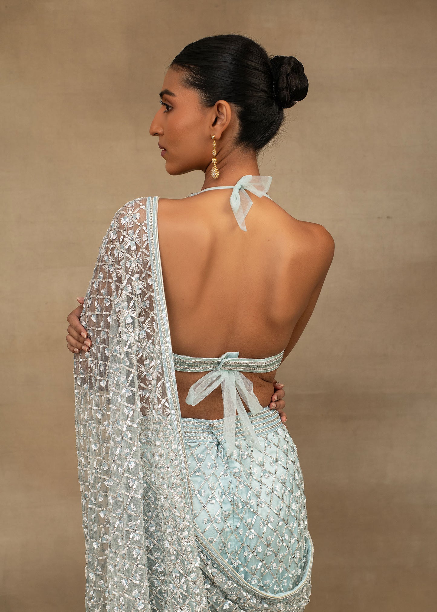 Light Blue Embroidered Saree with Halter Neck Blouse