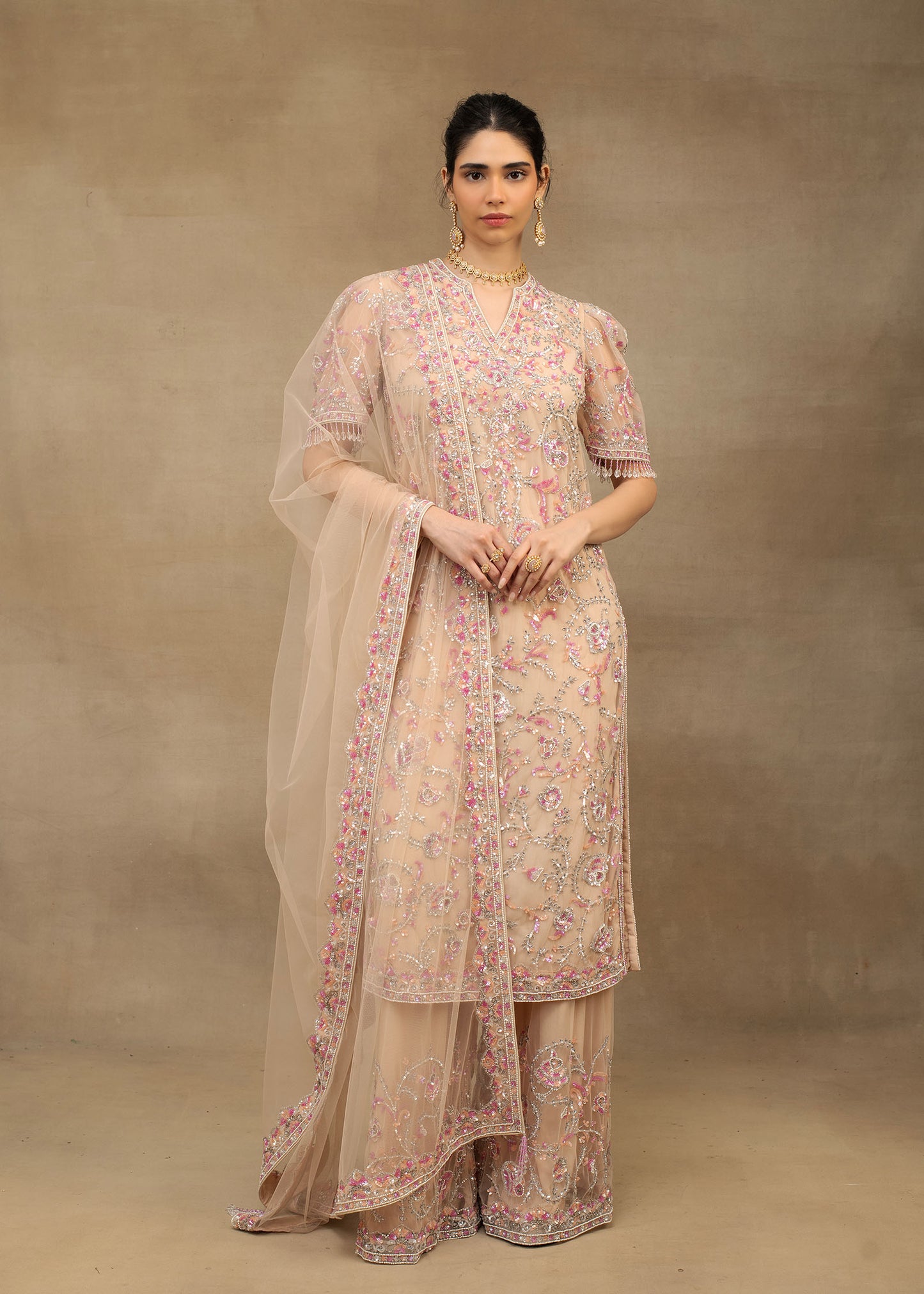 Blush Pink Embroidered Kurta and Palazzo Set with Dupatta